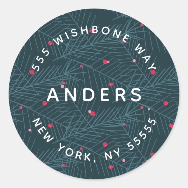 Modern Name Personalised Holiday Spruce Address Classic Round Sticker (Front)
