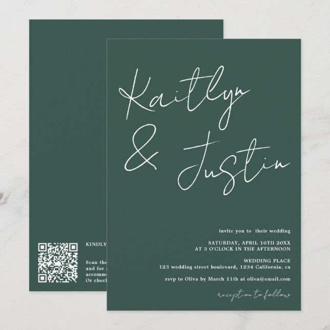 Modern name script calligraphy green wedding  invitation (Front/Back)