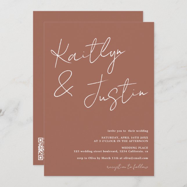 Modern name script calligraphy terracotta wedding invitation (Front/Back)