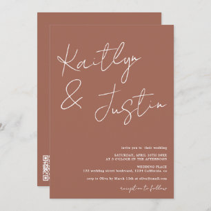 Modern name script calligraphy terracotta wedding invitation