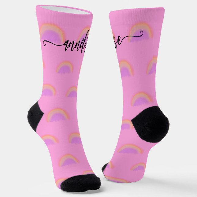 Modern name script personalised pink rainbow  socks (Angled)