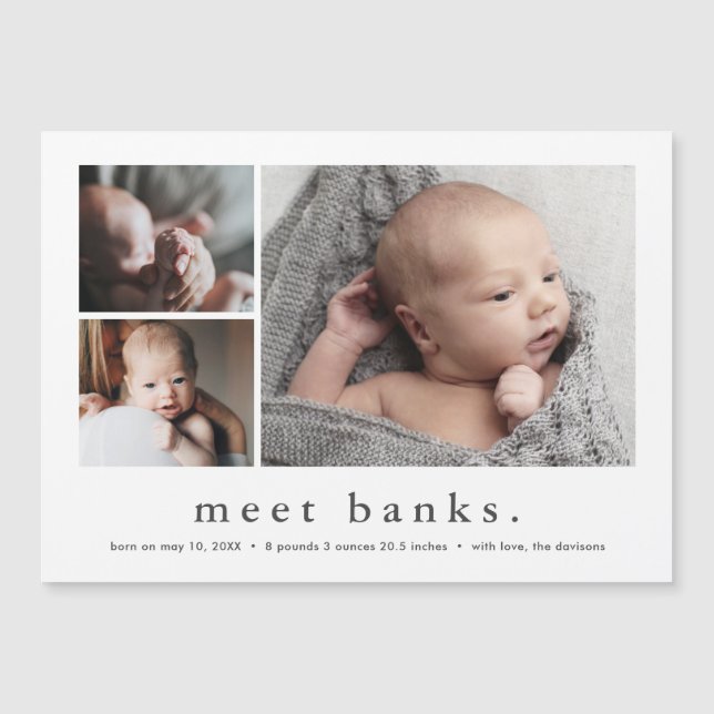 Modern Name Simple 3 Photo Baby Birth Announcement (Front)