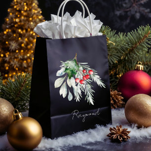 Modern Name Watercolor Script Merry Christmas Medium Gift Bag