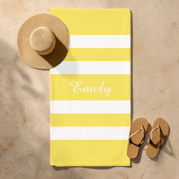 Modern Name Yellow Striped Pool Beach Towel