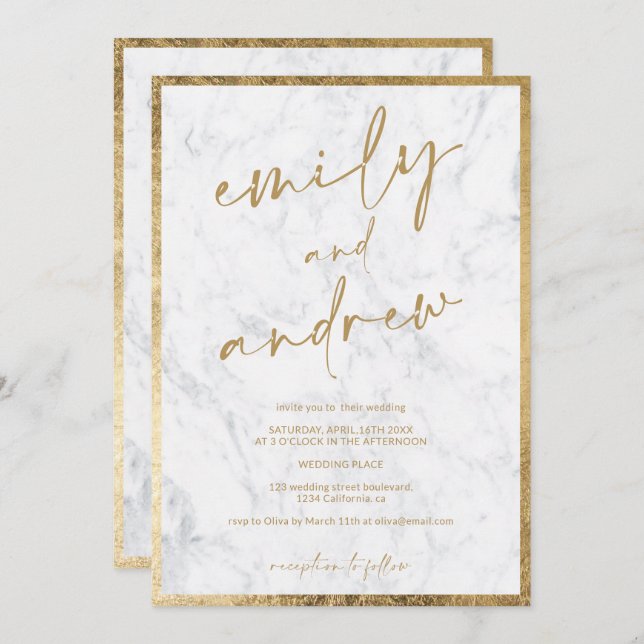 Modern names calligraphy gold marble chic wedding invitation (Front/Back)