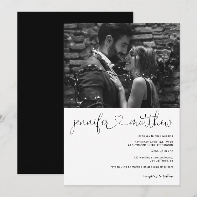 Modern names hearts calligraphy photo wedding invitation (Front/Back)