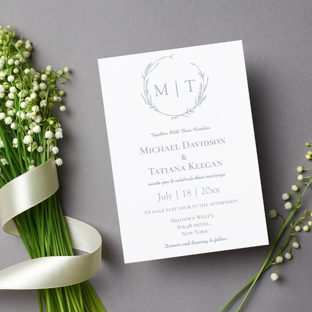 modern natural monogram wedding Dusty Blue  Invitation (Creator Uploaded)