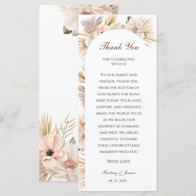 Modern Natural Pampas Boho Table Thank You Card (Front/Back)