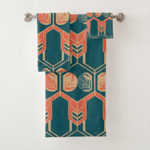 Modern Nature Art Teal and Coral Geometric Bath Towel Set