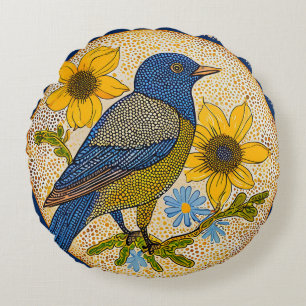 Modern Nature Bird with Patterned Style Floral  Round Cushion