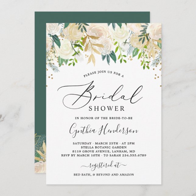 Modern Nature Green Gold Floral Bridal Shower Invitation (Front/Back)