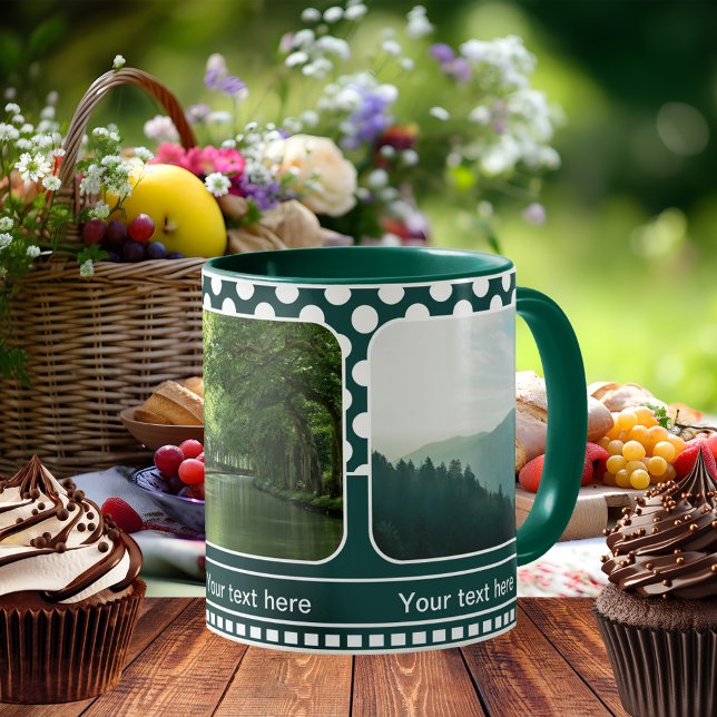 Modern Nature Green Polka Dots Photo Mug (Photo mug featuring your own favorite photos framed by a retro teal green and white polka dot design)
