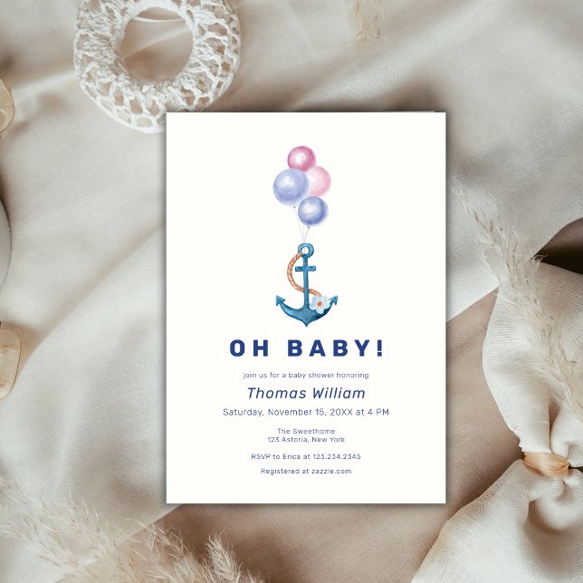 Modern Nautical Anchor Balloon Baby Shower Invitation (Modern Nautical Anchor Balloon Baby Shower Invitation)