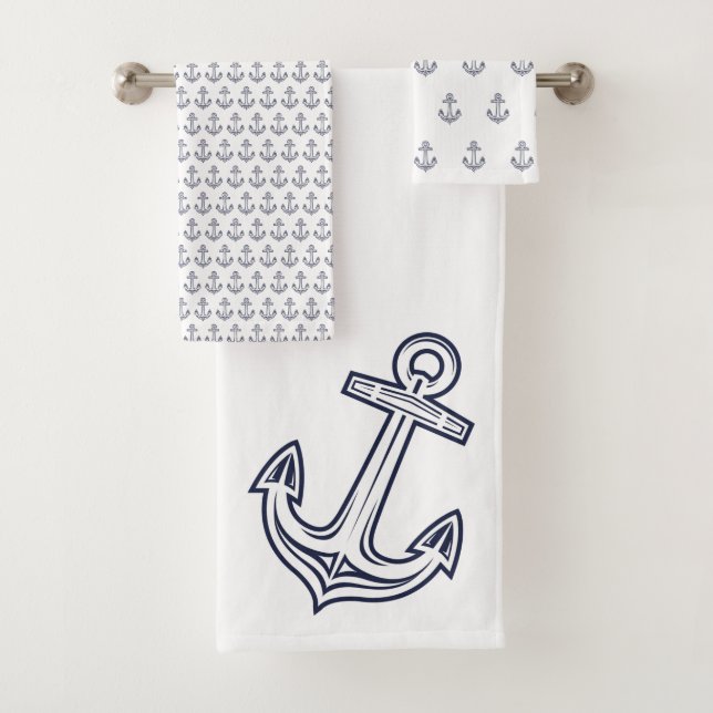 Modern Nautical Anchor  Bathroom Navy blue white  Bath Towel Set (Insitu)