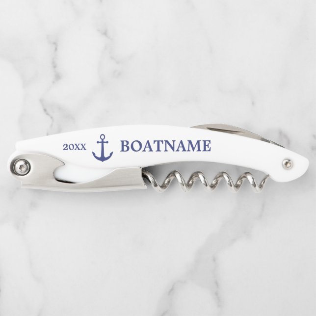 Modern Nautical Anchor Blue and White Custom Name  Corkscrew (Front)