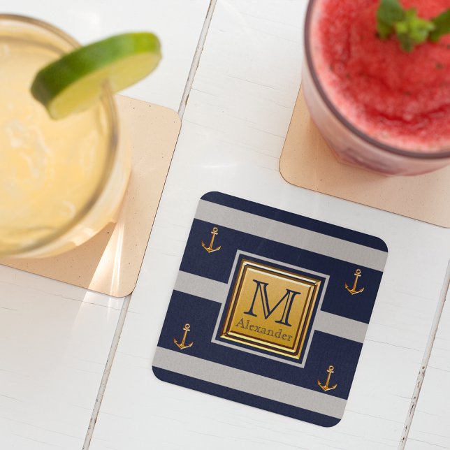 Modern Nautical Anchor Blue Gold Grey Monogram Square Paper Coaster (Creator Uploaded)