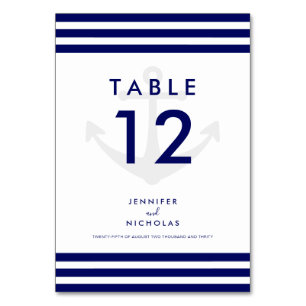 Modern Nautical Anchor Blue Stripes Wedding Table Number