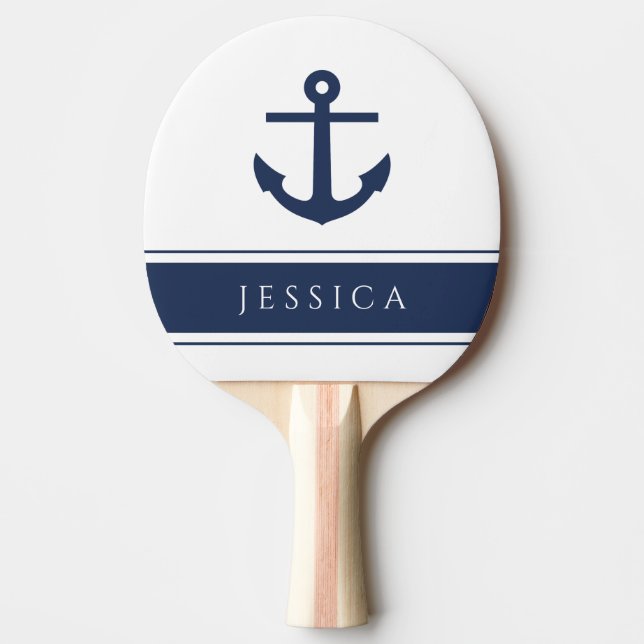 Modern Nautical Anchor Custom Name Navy Blue Ping Pong Paddle (Front)