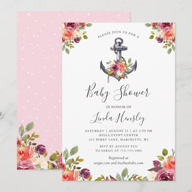 Modern Nautical Anchor Floral Girl Baby Shower Invitation (Front/Back)