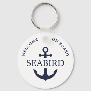 Modern Nautical Anchor Welcome Aboard Navy Blue Key Ring