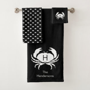 Modern Nautical Black Crab Monogram Name Bath Towel Set