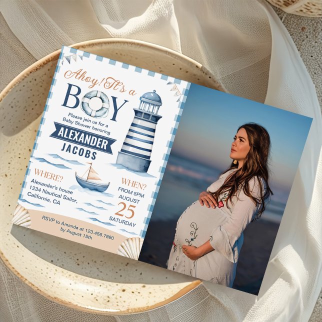 Modern Nautical Blue Baby Boy Shower Photo Invitation (Creator Uploaded)