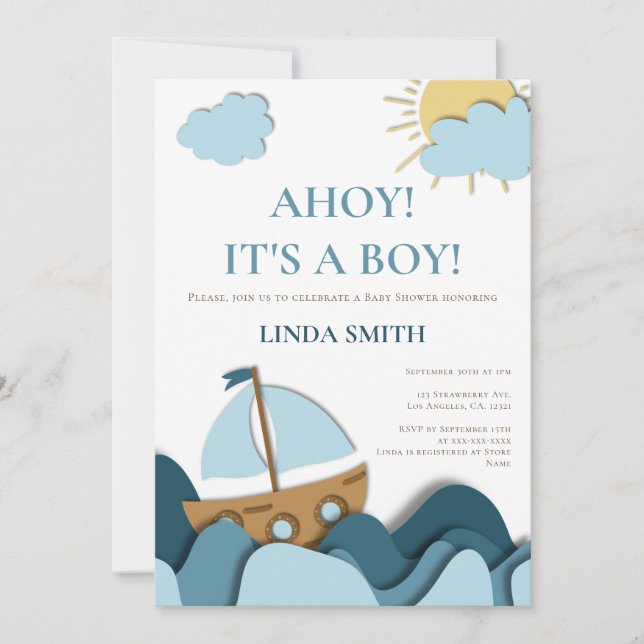 Modern Nautical Blue Boat Baby Shower Invitation (Front)