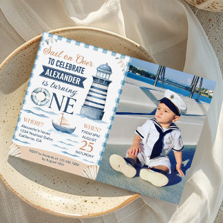 Modern Nautical Blue Boy 1st Birthday Photo Invitation