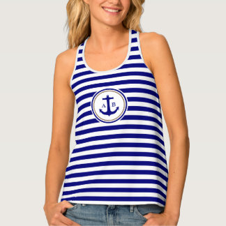Modern Nautical Blue Stripes with Anchor Singlet