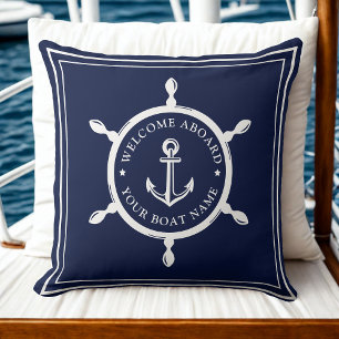 Modern Nautical Boat Name Anchor Welcome Aboard  Cushion