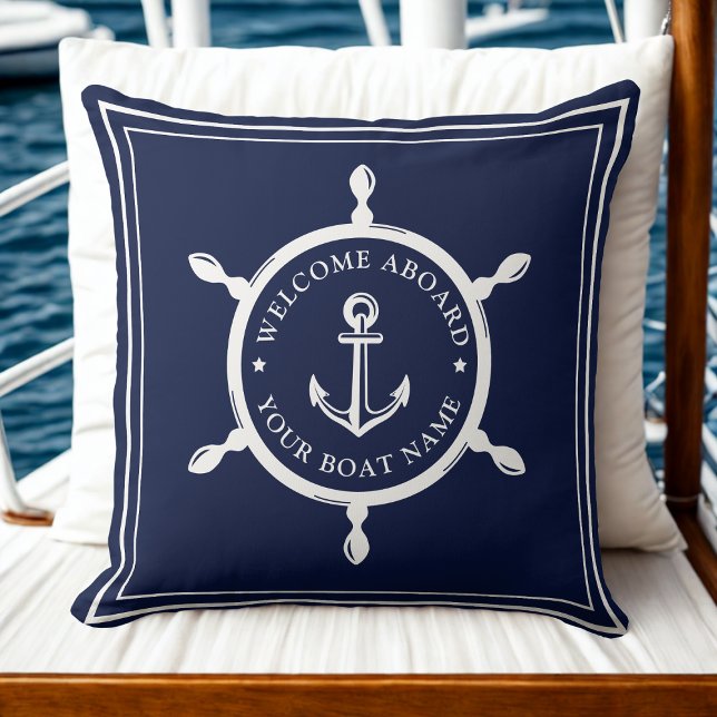 Modern Nautical Boat Name Anchor Welcome Aboard  Cushion (Modern Nautical Boat Name Anchor Welcome Aboard Throw Pillow)
