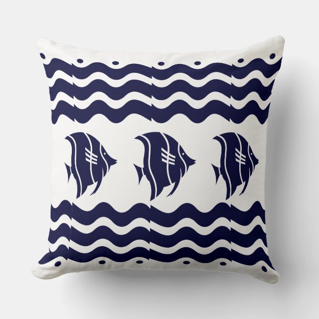 Modern Nautical Chic Navy Blue Fish Cushion (Front)