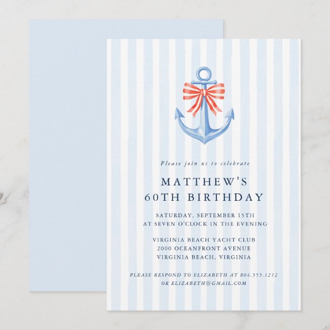 Modern Nautical Coastal Anchor Birthday Party  Invitation (Front/Back)