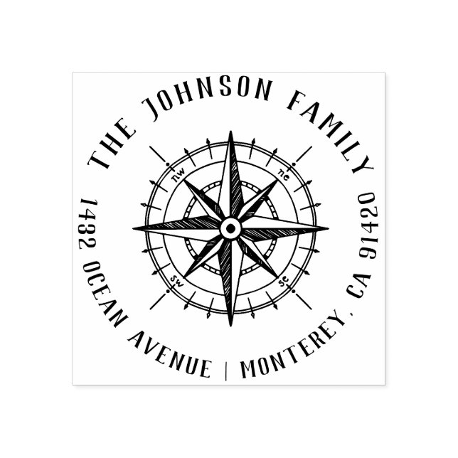 Modern Nautical Compass Family Name Return Address Rubber Stamp (Imprint)