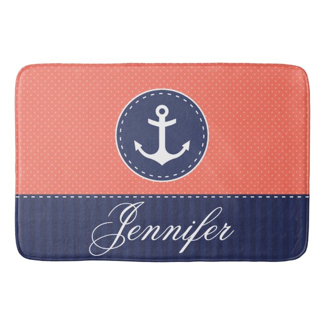 Modern Nautical Coral Blue Anchor Personalised Bath Mat (Front)