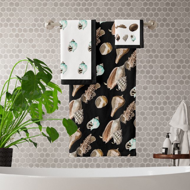 Modern Nautical Cream Teal shell Black Bathroom Bath Towel Set (Creator Uploaded)