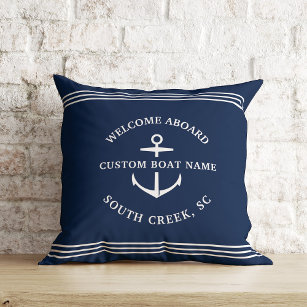 Modern Nautical Custom Boat Name Anchor Welcome Cushion