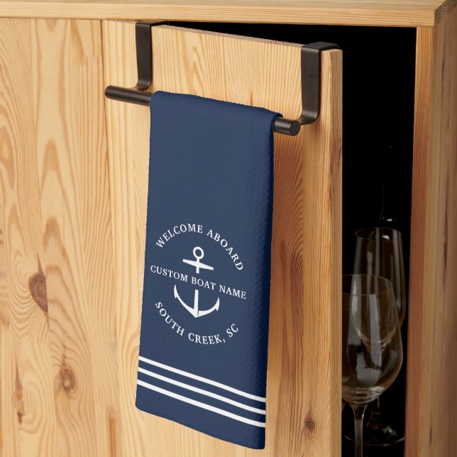 Modern Nautical Custom Boat Name Anchor Welcome Tea Towel (Thirds Fold)