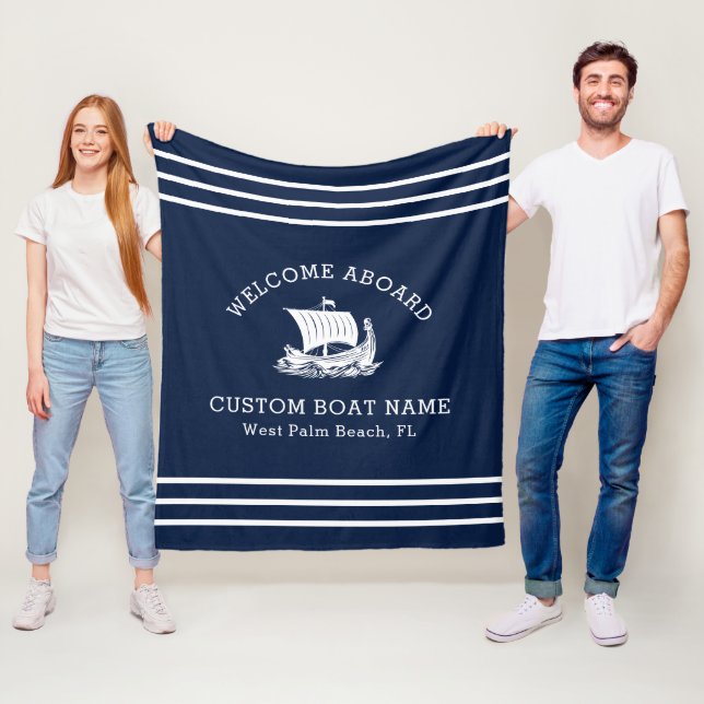 Modern Nautical Custom Boat Name & Ship Logo Fleece Blanket (In Situ)