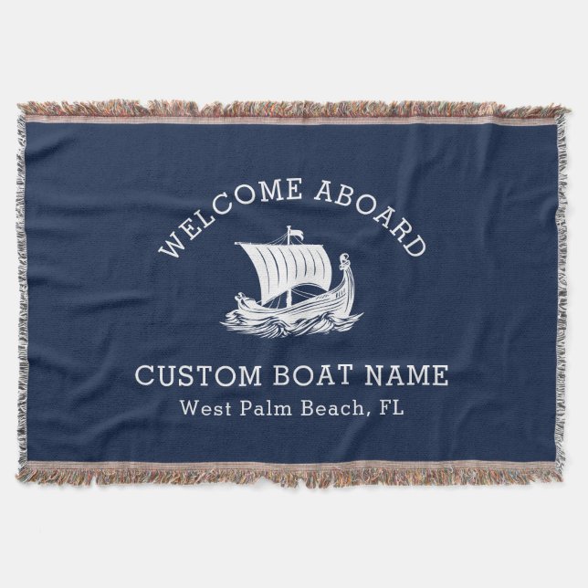 Modern Nautical Custom Boat Name & Ship Logo Throw Blanket (Front)