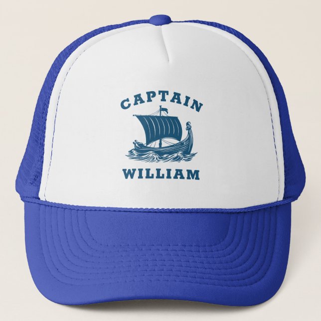 Modern Nautical Custom Boat Name & Ship Logo Trucker Hat (Front)