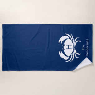 Modern Nautical Dark Teal Blue Crab Monogram Name Beach Towel