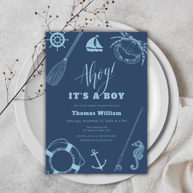Modern Nautical Fishing Boy Baby Shower  Invitation (Modern Nautical Fishing Boy Baby Shower Invitation)