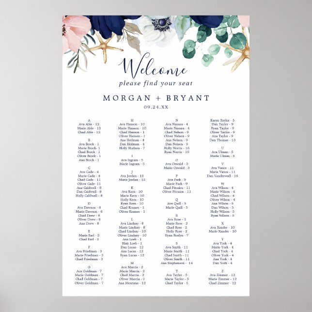 Modern Nautical Floral Alphabetical Seating Poster (Front)