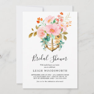 Modern Nautical Floral Anchor Bridal Shower  Invitation