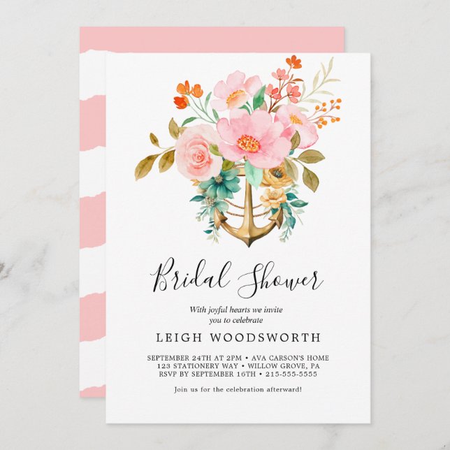 Modern Nautical Floral Anchor Bridal Shower  Invitation (Front/Back)