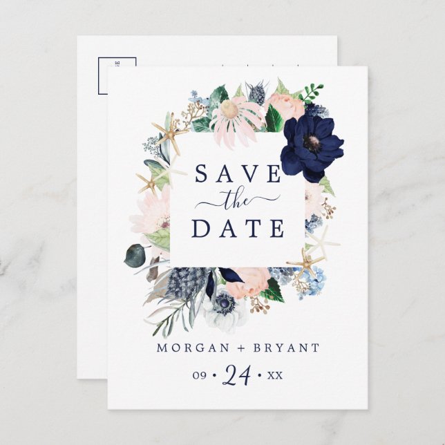 Modern Nautical | Floral Save the Date Postcard (Front/Back)