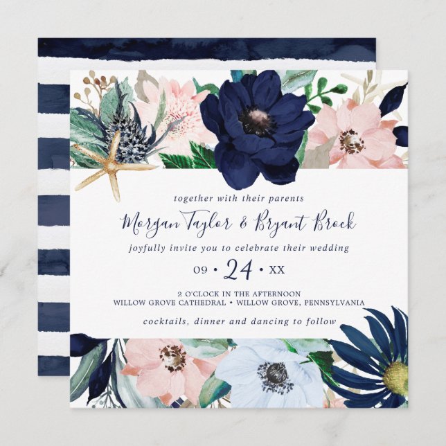 Modern Nautical | Floral Square Wedding Invitation (Front/Back)