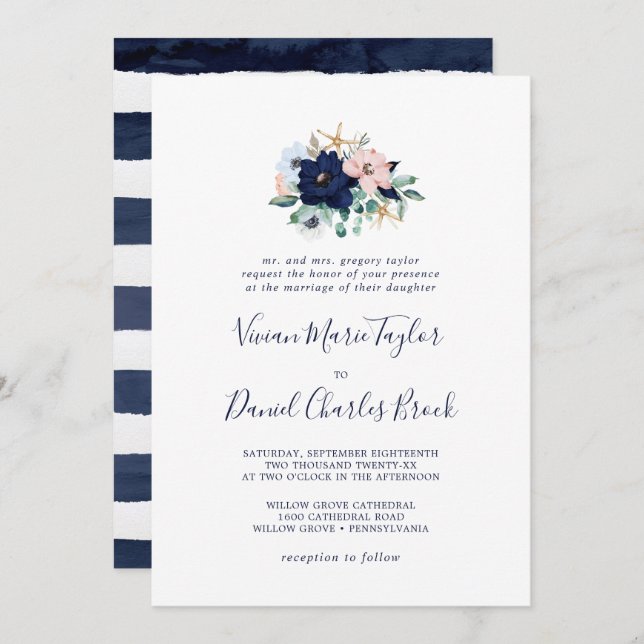 Modern Nautical | Floral Traditional Wedding Invitation (Front/Back)