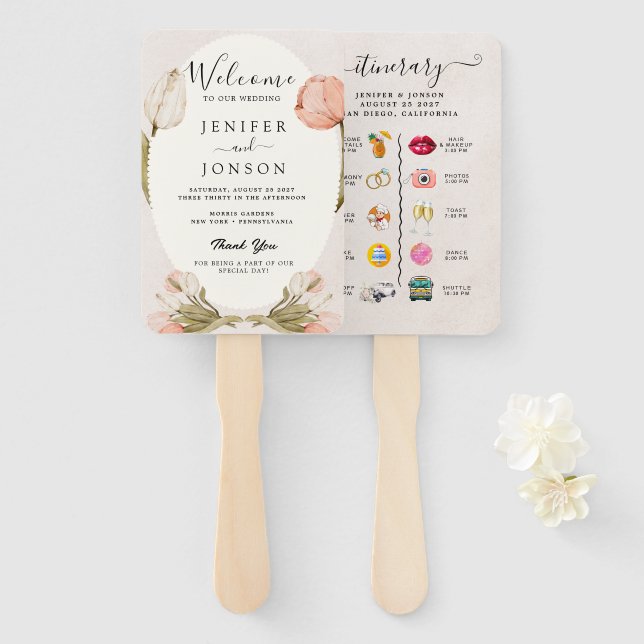 Modern Nautical | Floral Wedding Program Hand Fan (Front and Back)